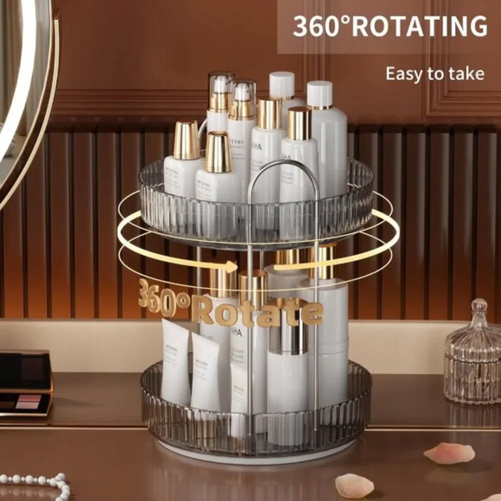 New 2-Tier 360° Rotating Smoky Gray Makeup Organizer for Vanity & Room Storage